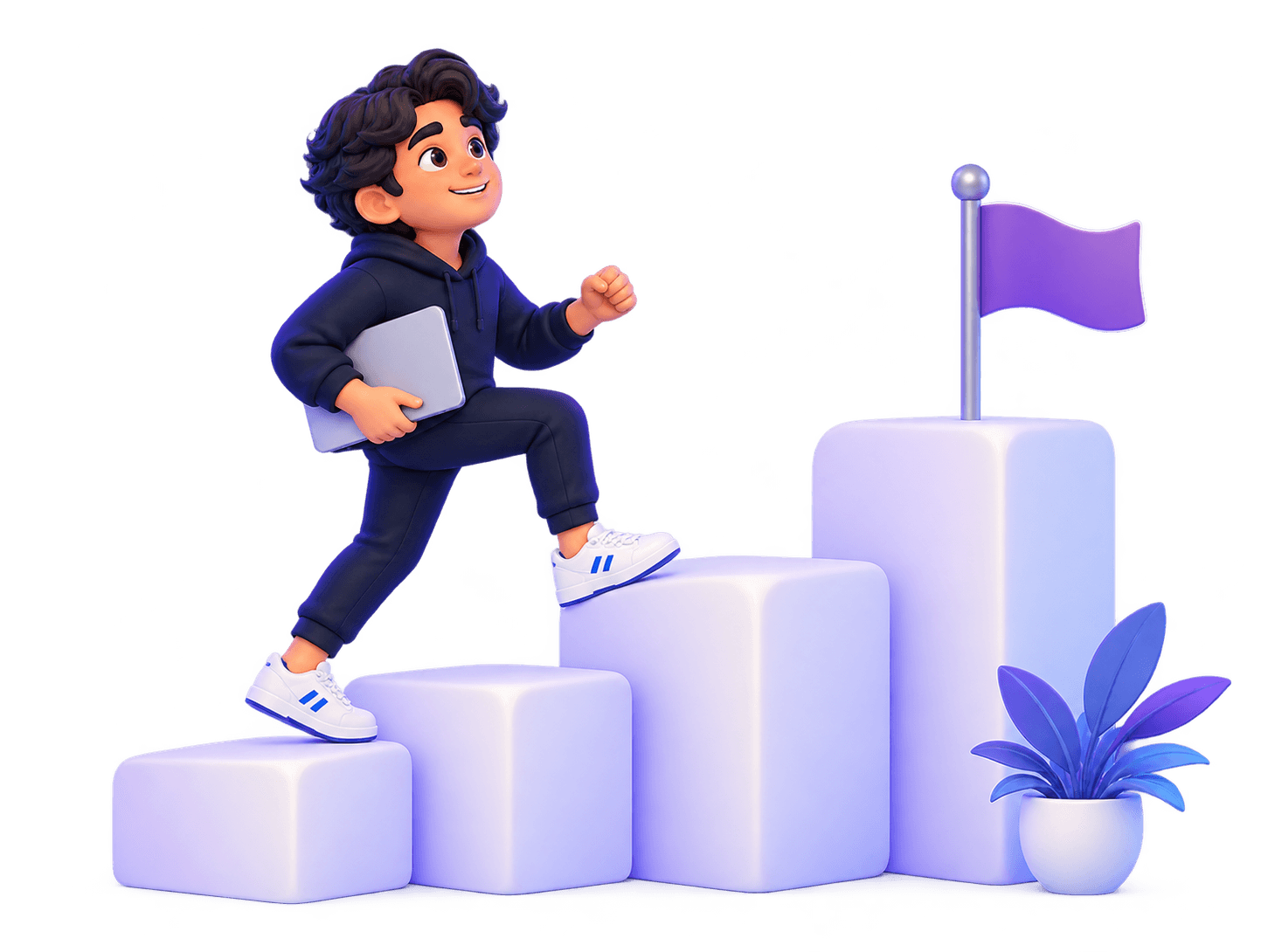 3D character carrying a laptop toward a goal
