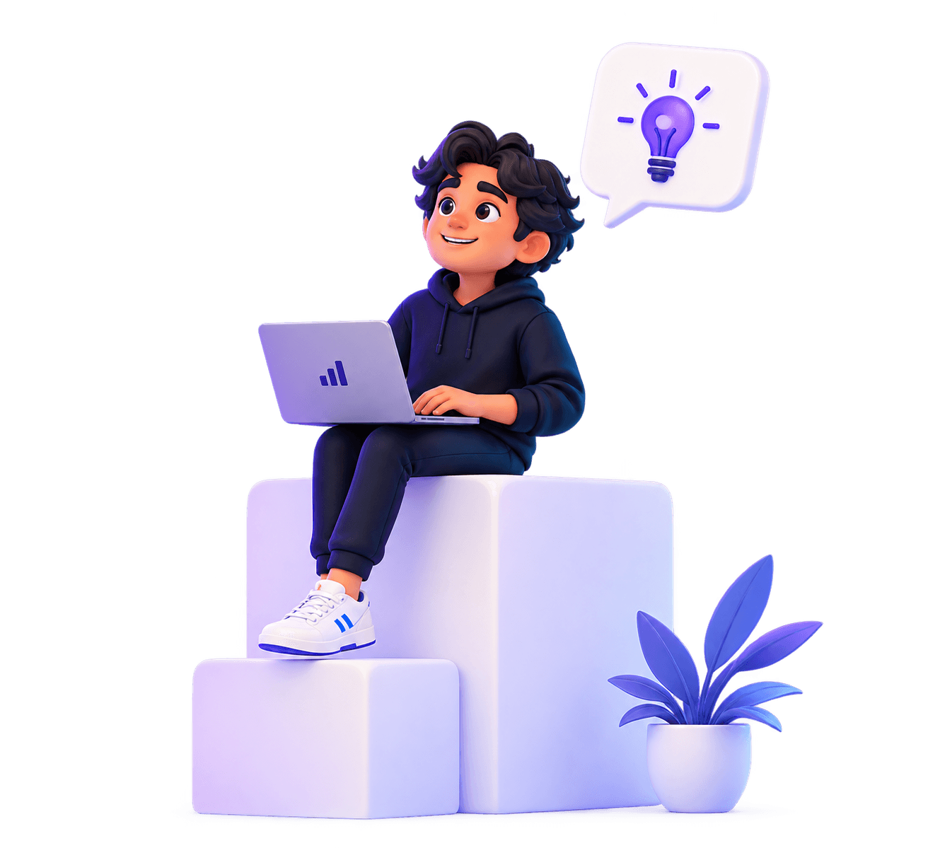 3D character exploring ideas with a laptop