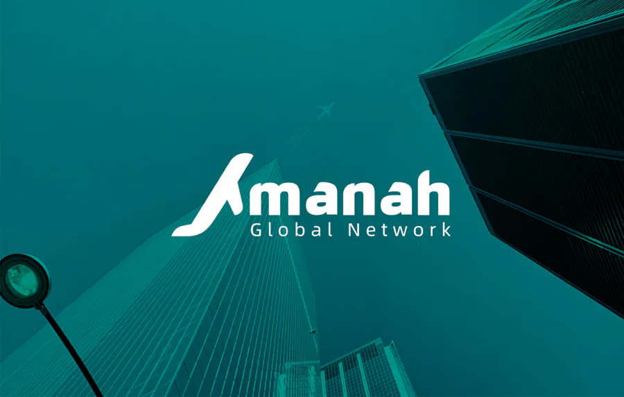 Amanah Global Network logo on a teal cover beside a glass tower