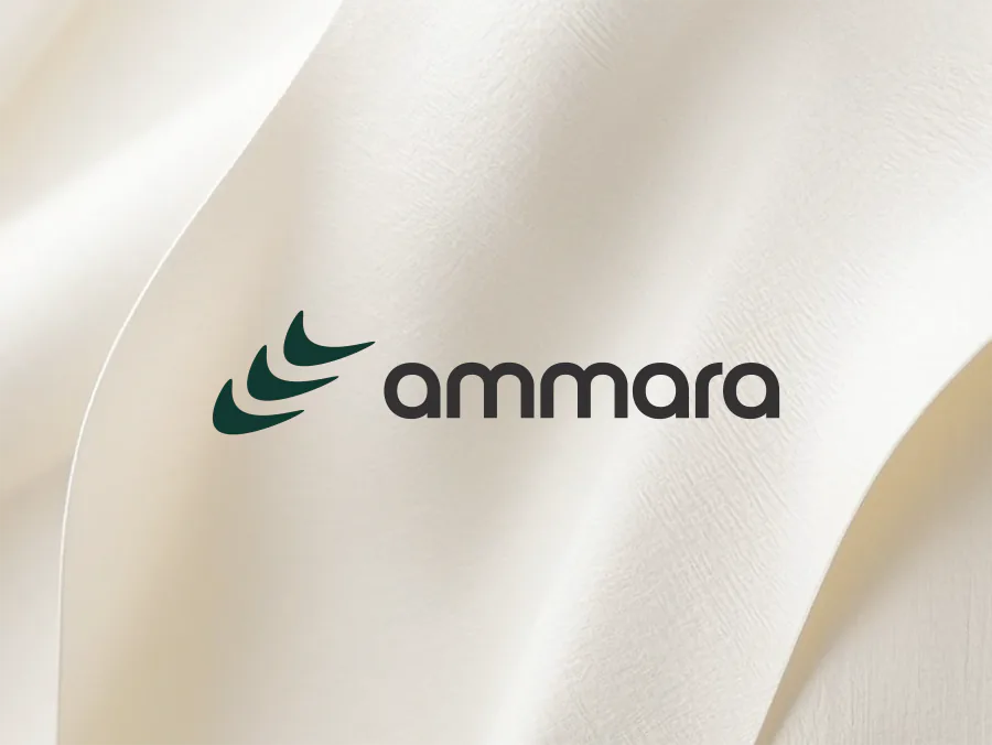 Ammara logo on ivory satin fabric