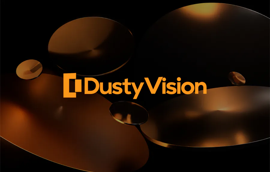 Dusty Vision logo on a dark cover with a copper 3D form